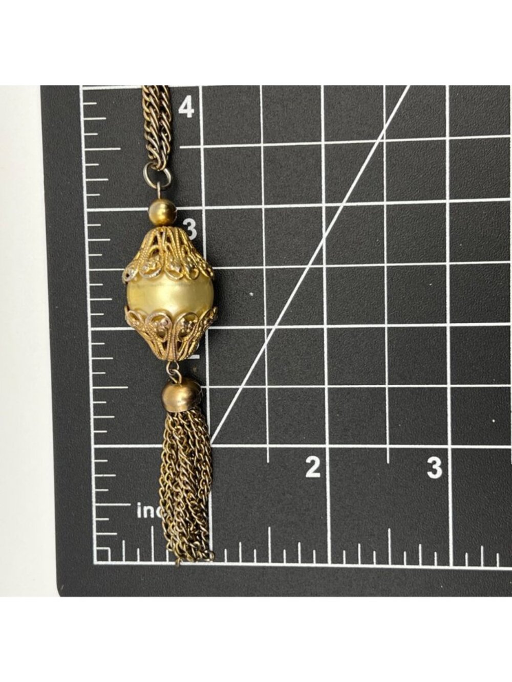 Vintage Gold-Tone Necklace Filigree Faux Pearl Tassel 3.25" Pendant 28" Chain - Picture 6 of 6